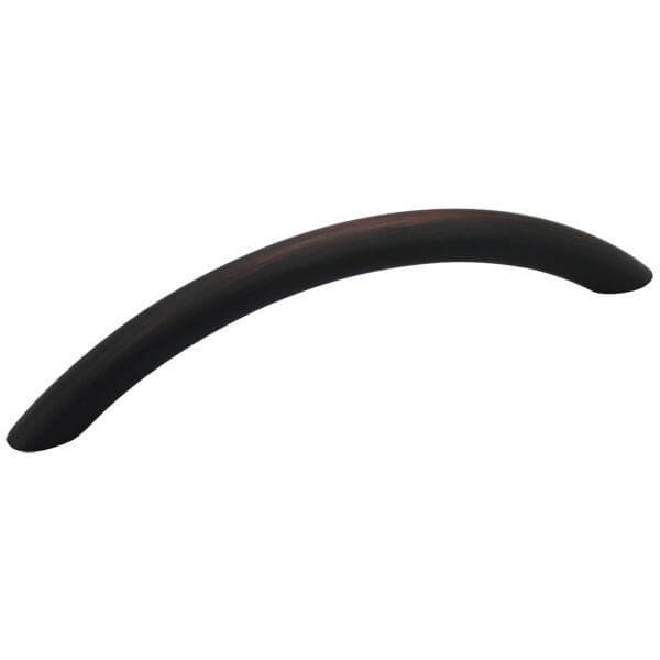 Smooth curved oil rubbed bronze cabinet handle with three and three quarters inch hole spacing