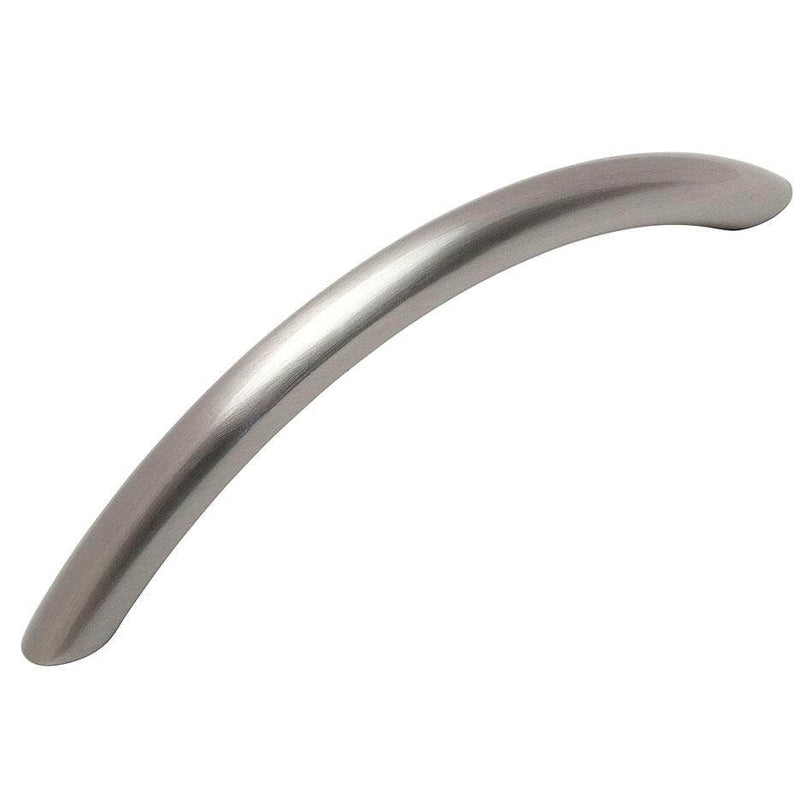 Slim curved cabinet pull in satin nickel with three and three quarters inch hole spacing