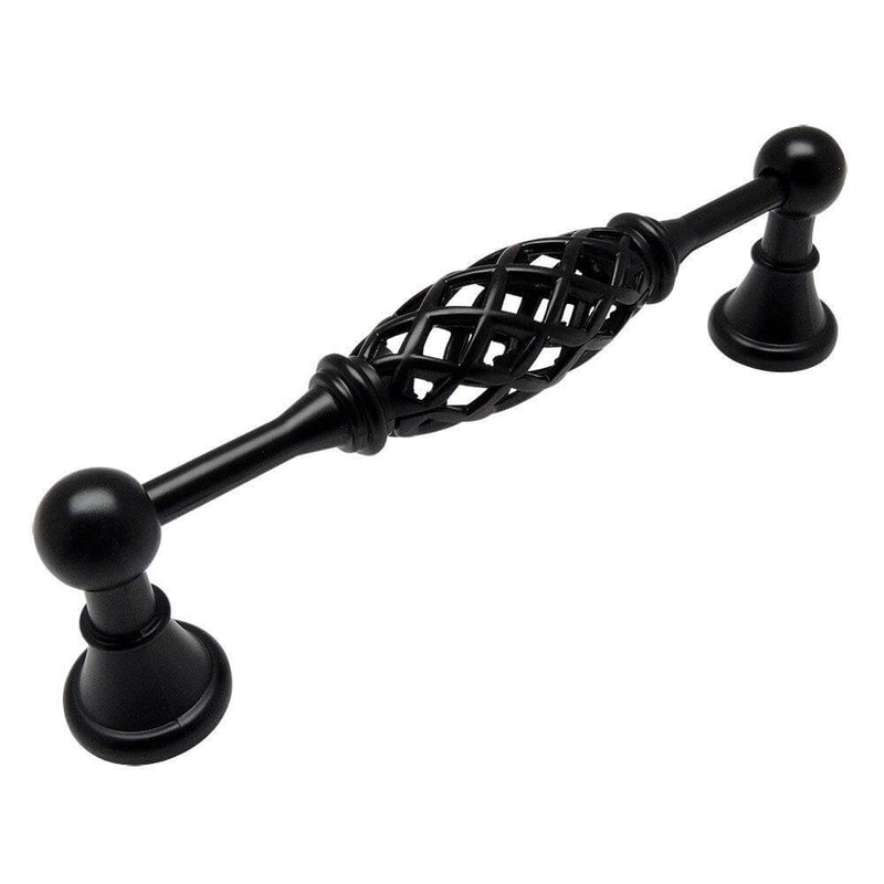 Birdcage cabinet pull in flat black finish with five inch hole spacing