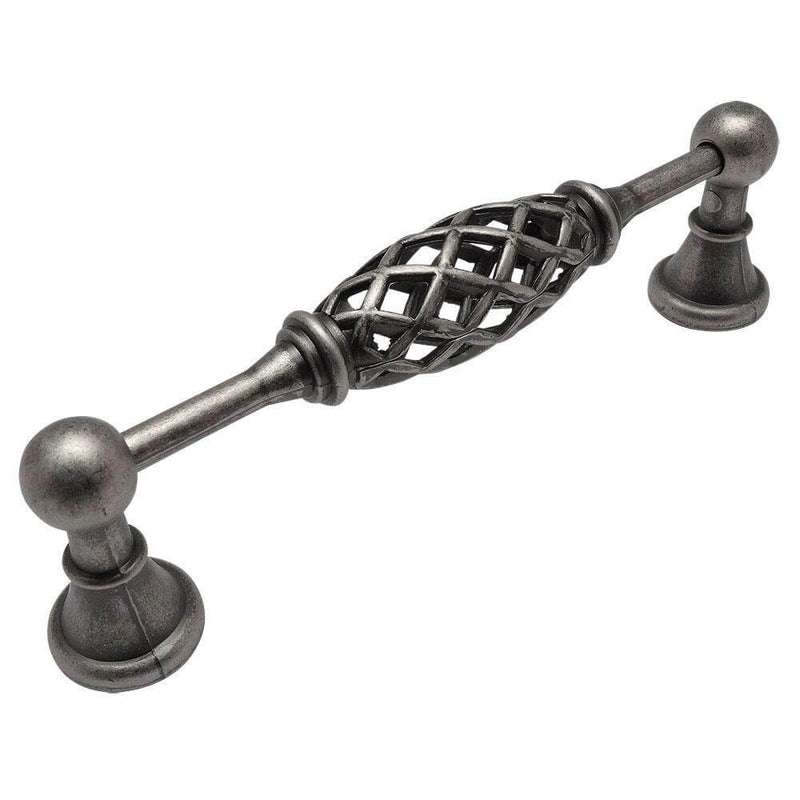 Weathered nickel cabinet pull with five inch hole spacing and birdcage design