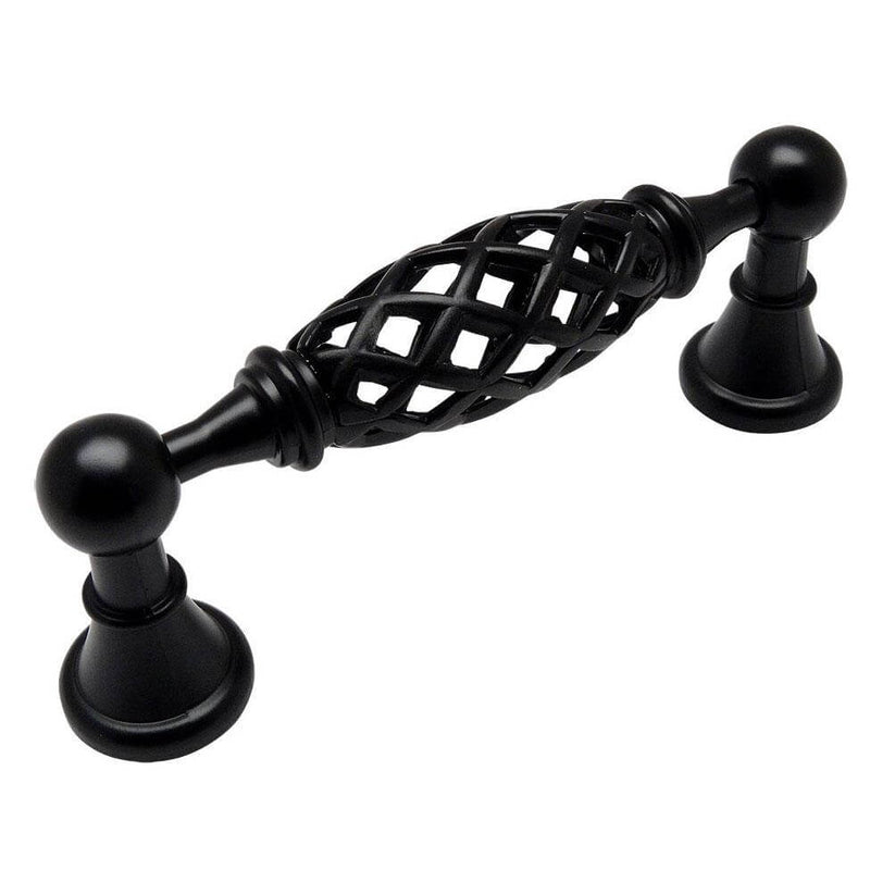 Flat black cabinet pull with cage design and three and three quarters inch hole spacing