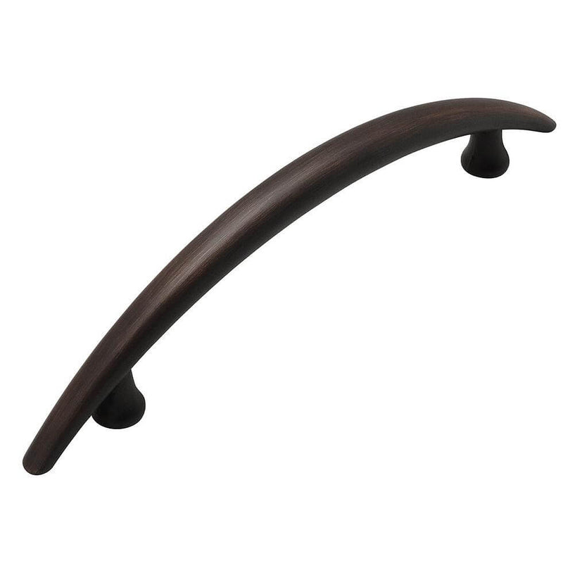 Sleek line arched cabinet pull in oil rubbed bronze finish with three and three quarters inch hole spacing