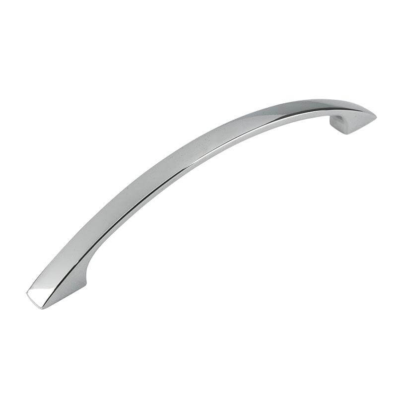Flat grip arched drawer pull in polished chrome with five inch hole spacing