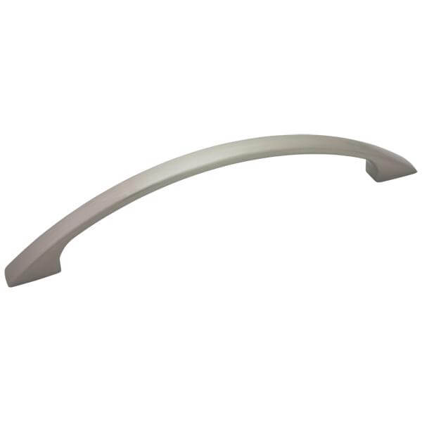 Flat grip arched cabinet pull in satin nickel with five inch hole spacing