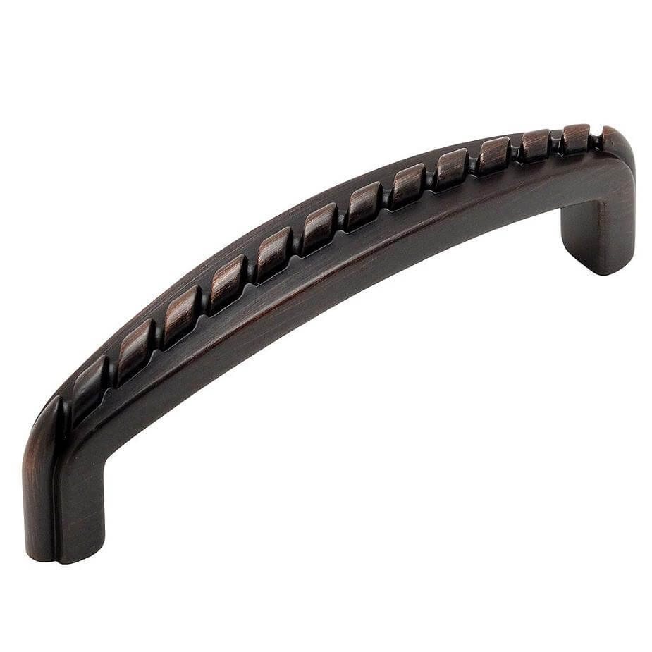 Oil rubbed bronze cabinet handle with three inch hole spacing and rope design