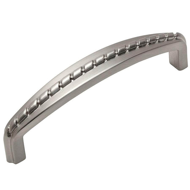 Three and three quarters inch hole spacing cabinet pull in satin nickel finish