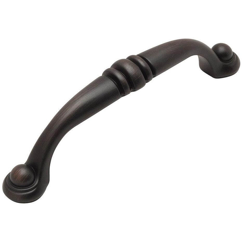 Oil rubbed bronze engraved cabinet handle with three rings design and three and three quarters inch hole spacing