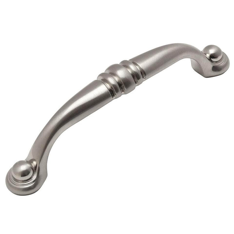Satin nickel engraved drawer pull with three and three quarters inch hole spacing