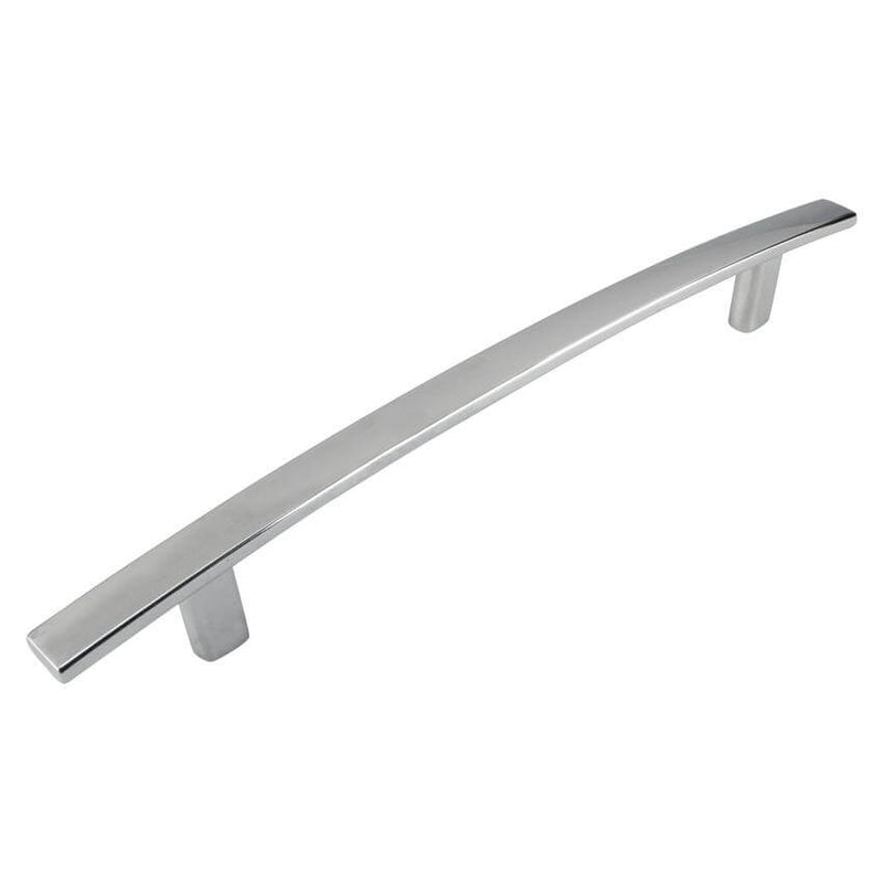 Flat drawer pull in polished chrome finish with seven and a half inch hole spacing