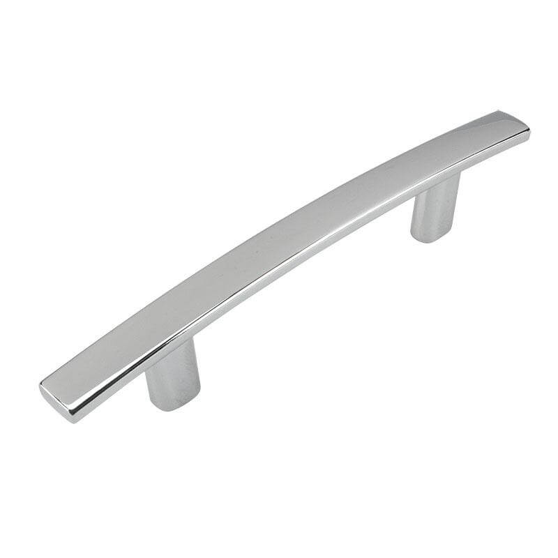 Polished chrome cabinet drawer pull with three inch hole spacing and subtle arch design