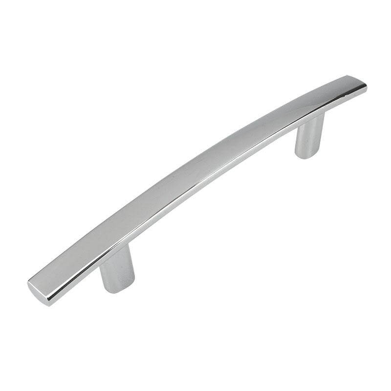 Polished chrome subtle arched drawer pull with four inch hole spacing