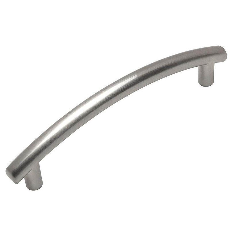 Satin nickel arched cabinet pull with three and three quarters inch hole spacing