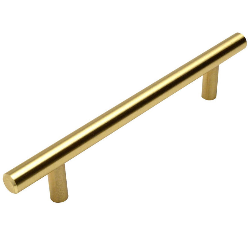 Brushed brass euro style bar pull with six and five sixteenths inch hole spacing