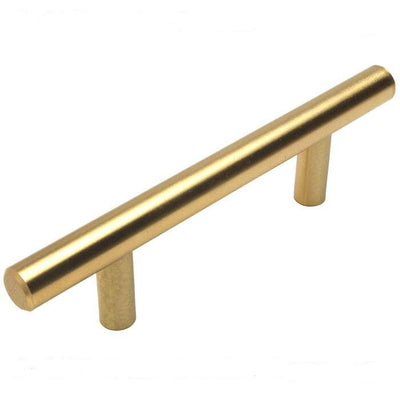 Brushed brass euro style bar pull with three and a half inch hole spacing