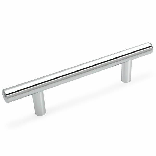 Polished chrome euro style bar pull with three and three quarters inch hole spacing
