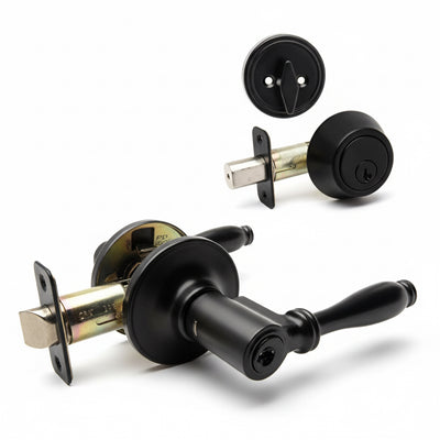 Villa Matte Black Entry Lever with Matching Single Cylinder Deadbolt Combo Pack
